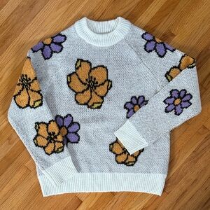 Floral Knit Sweater - Cream, Orange, Purple